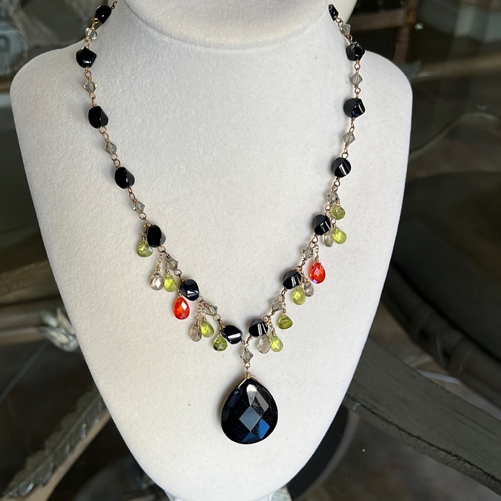 Natural Black Stone and Multi Crystal Necklace